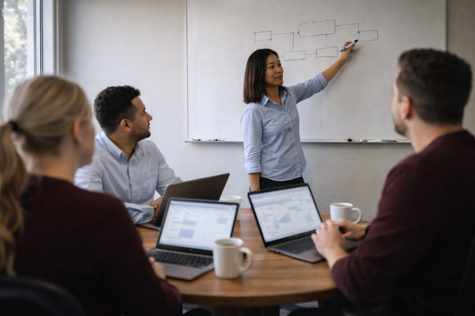 Complere team collaborating at whiteboard