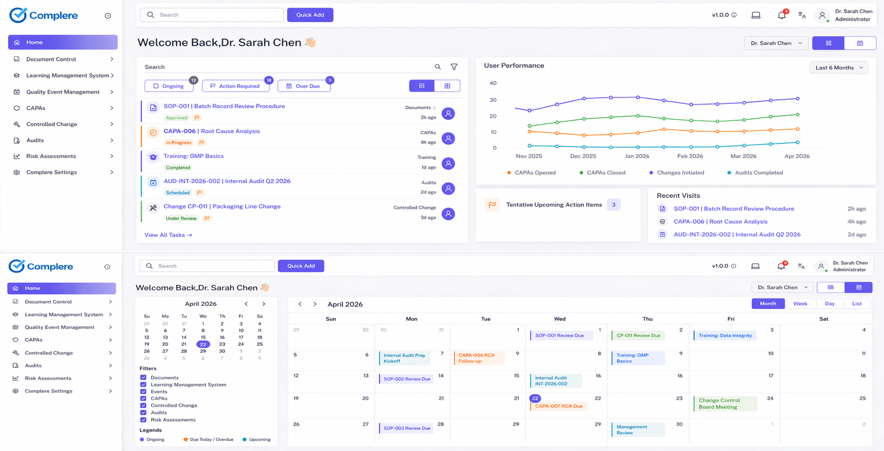 Complere Quality Overview dashboard showing records, actions, and connected quality status.