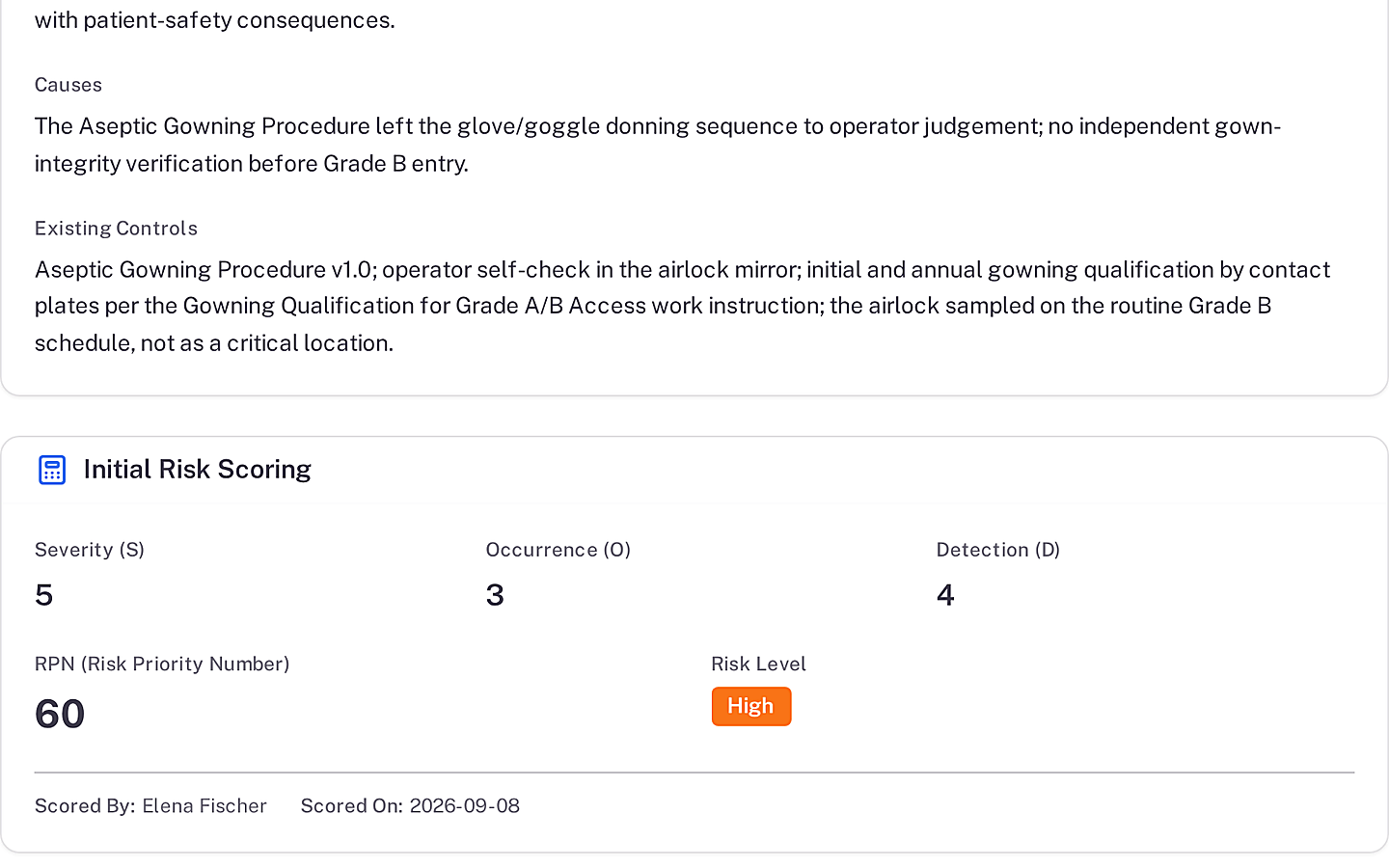 FMEA risk scoring for a gowning failure: Severity 5, Occurrence 3, Detection 4, RPN 60, risk level High